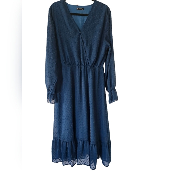 BTFBM Women Dress XL Tiered Blue Maxi  V Neck Textured Feminine Cottagecore - Picture 1 of 13